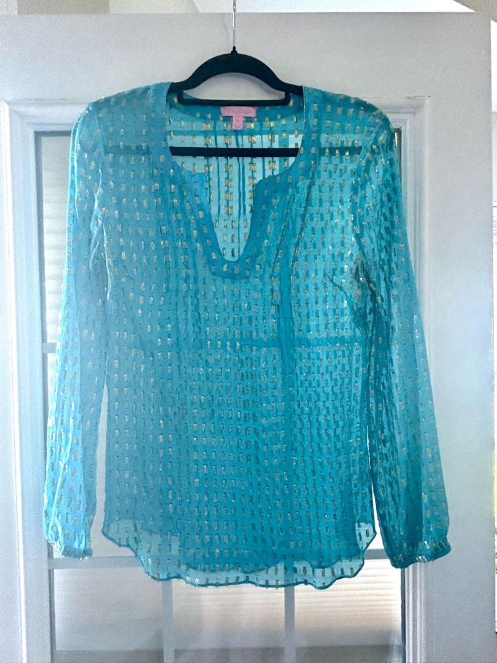 Lilly Pulitzer Turquoise Blue Metallic-Print Long Sleeve Blouse - Picture 2 of 8